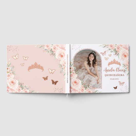 Blush Floral Butterfett Rose Gold Quince XV Foto Gästebuch (Voll)