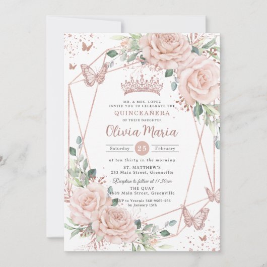 Blush Floral Butterfett Rose Gold Quinceañera Einladung (Vorderseite)