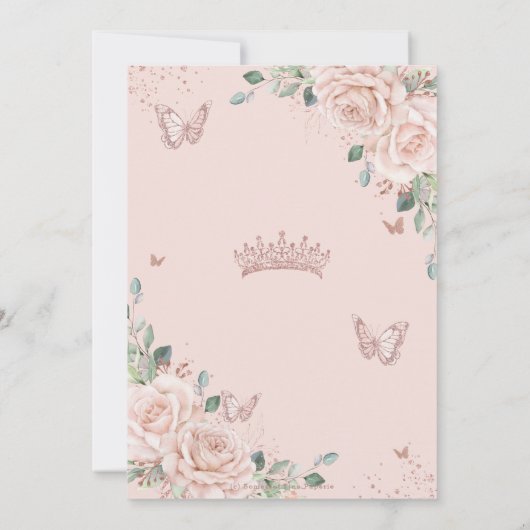 Blush Floral Butterfett Rose Gold Quinceañera Einladung (Rückseite)