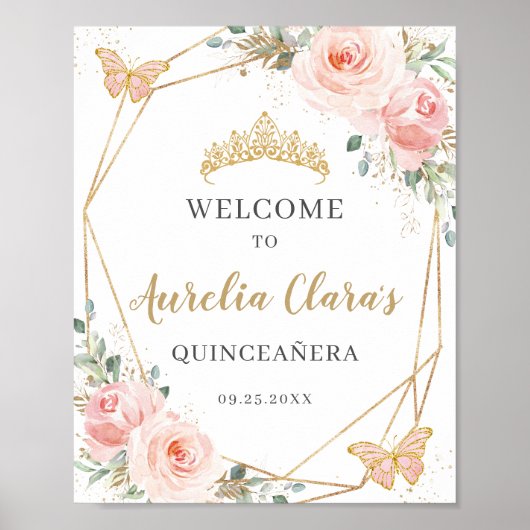 Blush Floral Butterfliegen Quinceanera Birthday Poster (Vorne)
