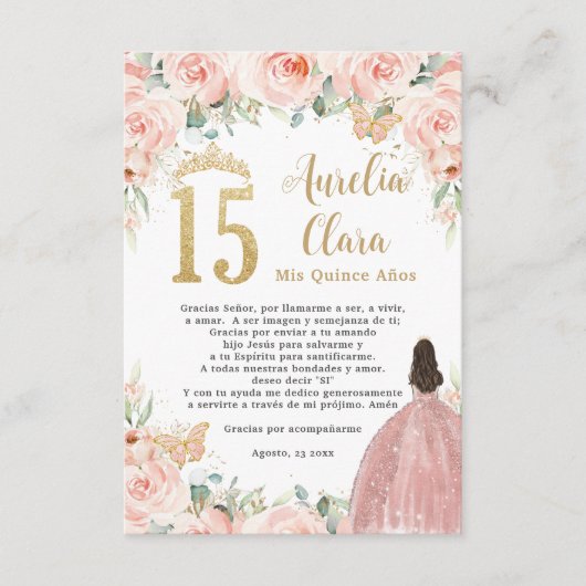 Blush Floral Butterfliegen Quinceañera Gebet Card Begleitkarte (Vorderseite)