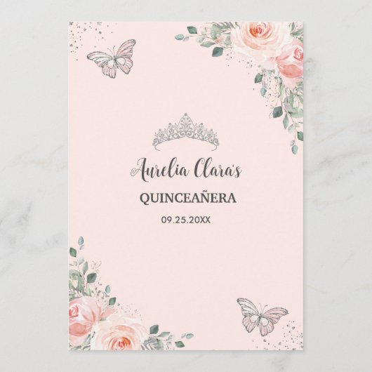 Blush Floral Butterflies Quinceañera Sweet 16 Menu Programm (Rückseite)