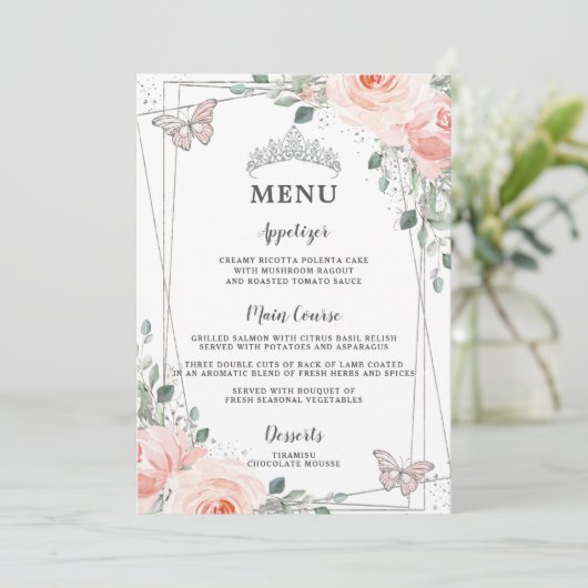 Blush Floral Butterflies Quinceañera Sweet 16 Menu Programm (Stehend Vorderseite)