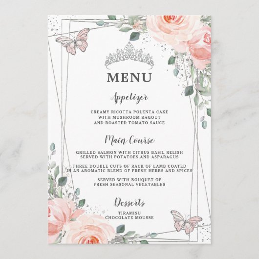 Blush Floral Butterflies Quinceañera Sweet 16 Menu Programm (Vorderseite)