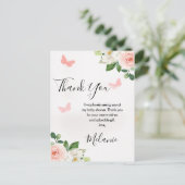 Blush Floral Butterfly Baby Dusche Danke Postkarte (Stehend Vorderseite)