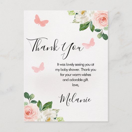 Blush Floral Butterfly Baby Dusche Danke Postkarte (Vorderseite)