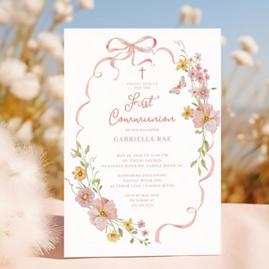 Blush Floral Butterfly Communion Invitation Einladung