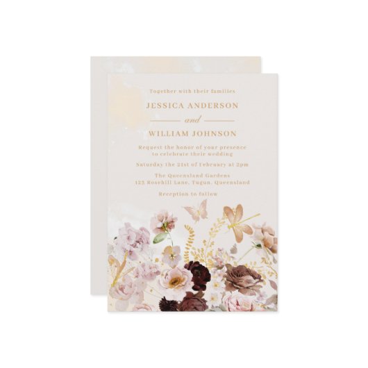 Blush Floral Butterfly Marmor Wasserfarbenhochzeit Einladung (Vorderseite/Rückseite Beispiel)