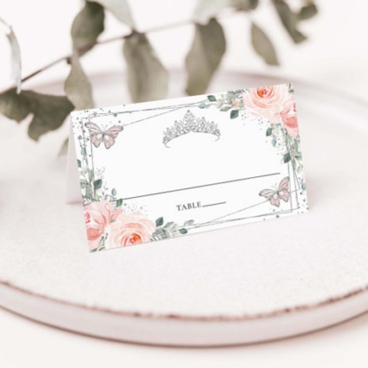 Blush Floral Butterfly Silver Quinceañera Geburtst Platzkarte