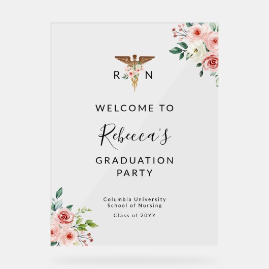 Blush Floral Caduceus Nurse Abschluss Willkommen Acrylschild (Vorderseite)