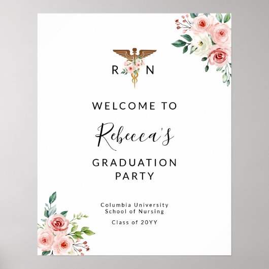 Blush Floral Caduceus Nurse Graduate Welcome Party Poster (Vorne)