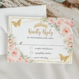 Blush Floral Champagne Quinceañera Butterfly Reput RSVP Karte