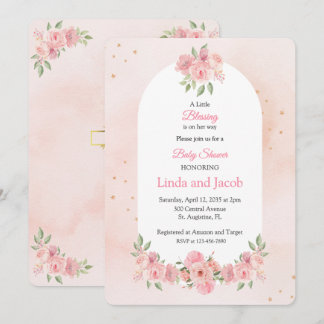 Blush Floral Christian Baby Shower with Gold Cross Einladung