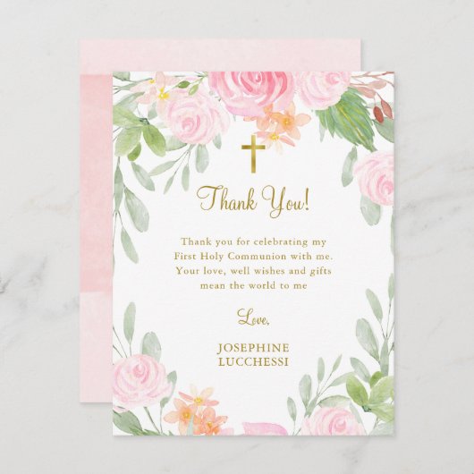 Blush Floral Communion oder Taufe Vielen Dank Mitteilungskarte (Vorne/Hinten)