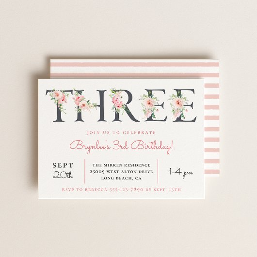 Blush Floral DREI | 3. Geburtstag Party Einladung