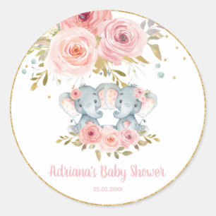 Blush Floral Elefant Twins Baby Girl Duschvorteil Runder Aufkleber