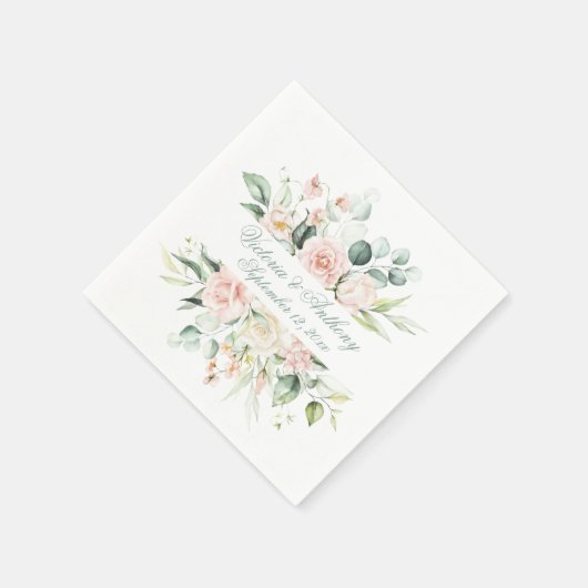 Blush Floral Eleganter Skriptname Hochzeit Serviette (Ecke)
