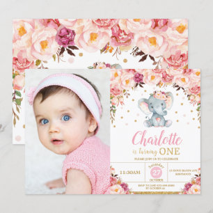 Blush Floral Elephant 1. Geburtstag Gold Foto Einladung