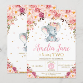 Blush Floral Elephant 2. Geburtstag Gold Glitzer Einladung