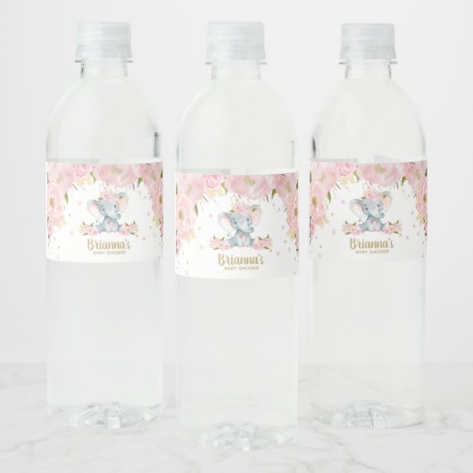 Blush Floral Elephant Baby Dusche Wasserflaschenetikett (Flaschen)