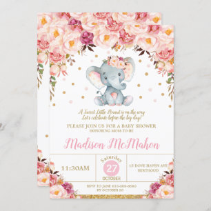 Blush Floral Elephant Baby Shower Girl Einladung