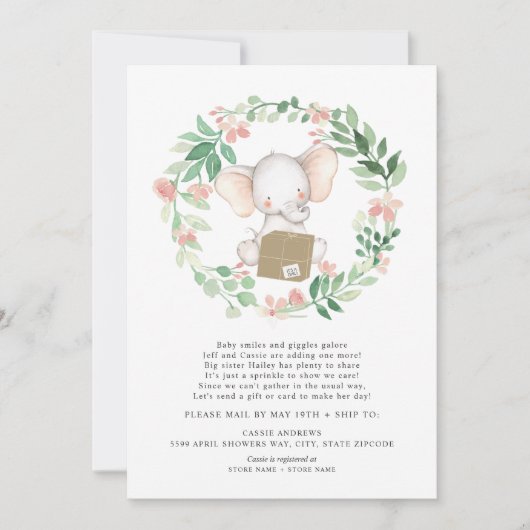 Blush Floral Elephant Baby Sprinkle per Post Einladung (Vorderseite)