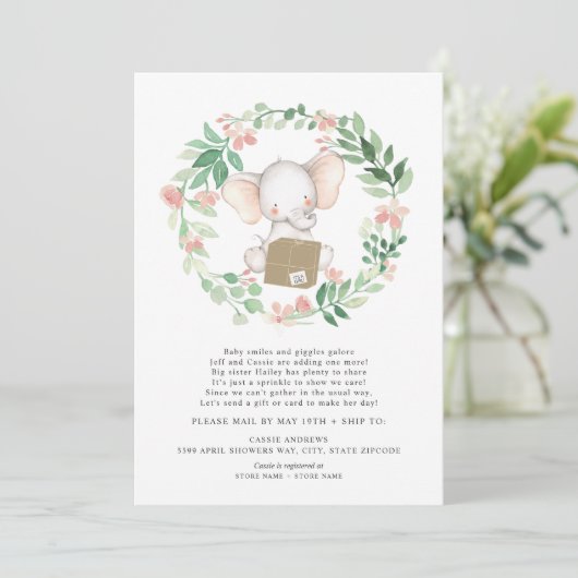 Blush Floral Elephant Baby Sprinkle per Post Einladung (Stehend Vorderseite)
