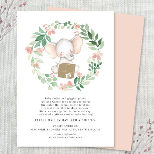 Blush Floral Elephant Baby Sprinkle per Post Einladung