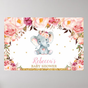 Blush Floral Elephant Babydusche Party Hintergrund Poster