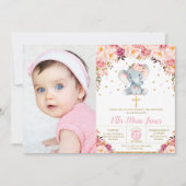 Blush Floral Elephant Christening Taufe Foto Einladung (Vorderseite)