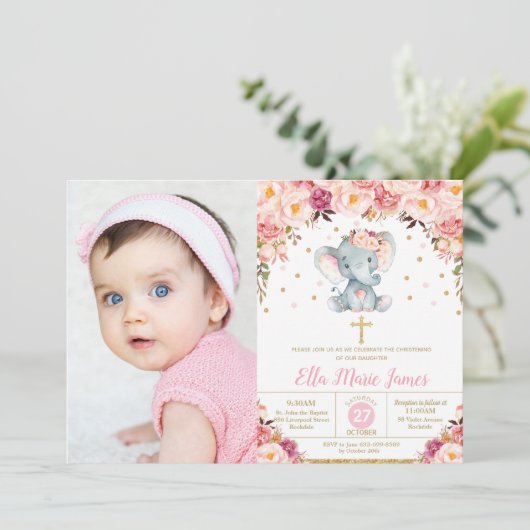 Blush Floral Elephant Christening Taufe Foto Einladung (Stehend Vorderseite)