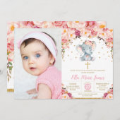 Blush Floral Elephant Christening Taufe Foto Einladung (Vorne/Hinten)