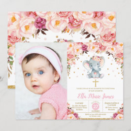 Blush Floral Elephant Christening Taufe Foto Einladung