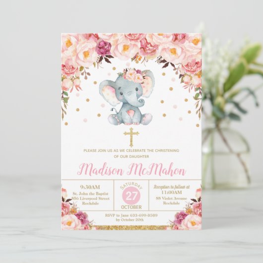 Blush Floral Elephant Christening Taufe Girl Einladung (Stehend Vorderseite)