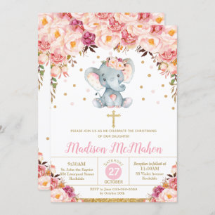 Blush Floral Elephant Christening Taufe Girl Einladung
