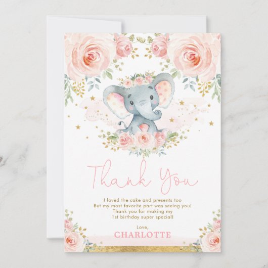 Blush Floral Elephant Geburtstag Danke Karte (Vorderseite)