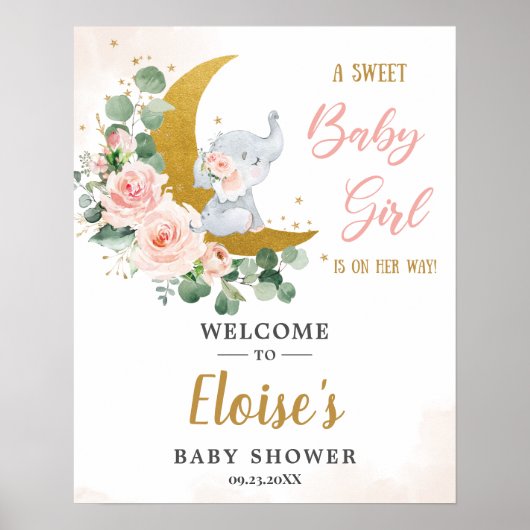 Blush Floral Elephant Girl Baby Dusche Willkommen Poster (Vorne)