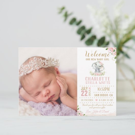 Blush Floral Elephant New Baby Girl Foto Birth Ankündigung (Stehend Vorderseite)