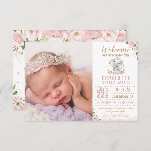 Blush Floral Elephant New Baby Girl Foto Birth Ankündigung (Vorne/Hinten)
