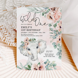 Blush Floral Elephant Wild Ein 1. Geburtstagskind Einladung