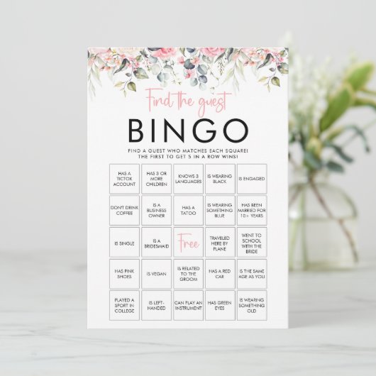 Blush Floral Finden Sie die Bingo Game Card Einladung (Stehend Vorderseite)