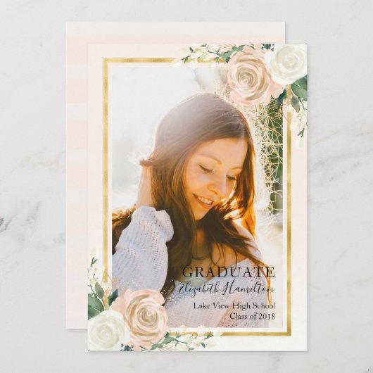 Blush Floral & Foil Gold Abschluss Ankündigung (Vorne/Hinten)