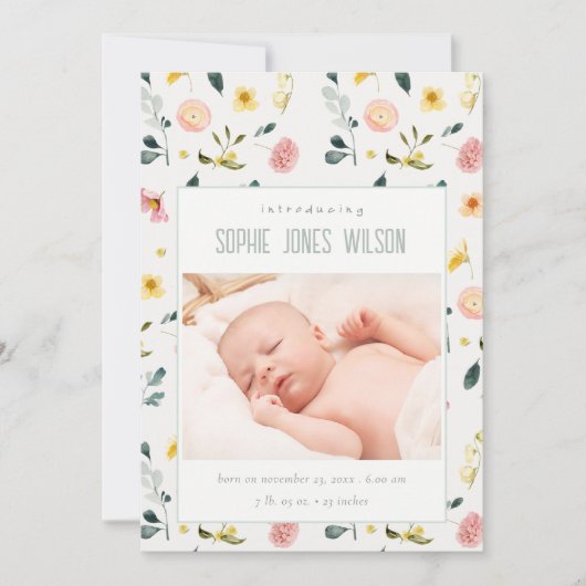 Blush Floral Foto Baby Girl Geburtserklärung Dankeskarte (Vorderseite)