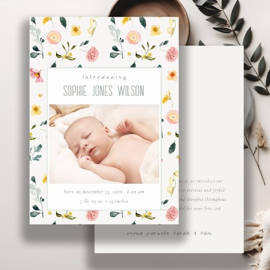 Blush Floral Foto Baby Girl Geburtserklärung Dankeskarte