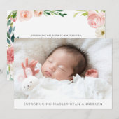 Blush Floral Foto Geburtserklärung für Mädchen Ankündigung (Vorne/Hinten)