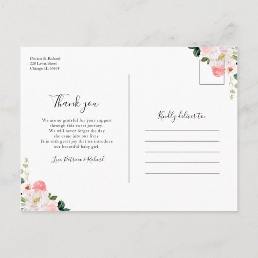 Blush Floral Foto Geburtserklärung & Vielen Dank Postkarte (Rückseite)