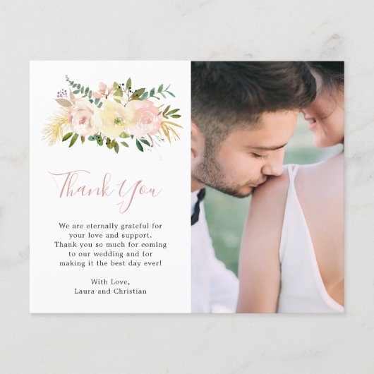 Blush Floral Foto Hochzeit Danke Karte (Vorderseite)