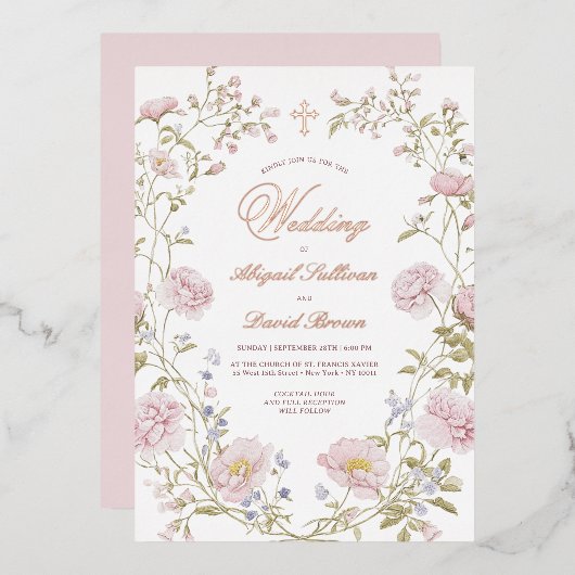 Blush Floral Frame Religious Wedding Folieneinladung (Vorderseite/Rückseite)
