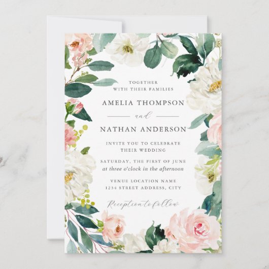 Blush Floral Frame Wedding Einladung (Vorderseite)