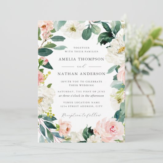 Blush Floral Frame Wedding Einladung (Stehend Vorderseite)